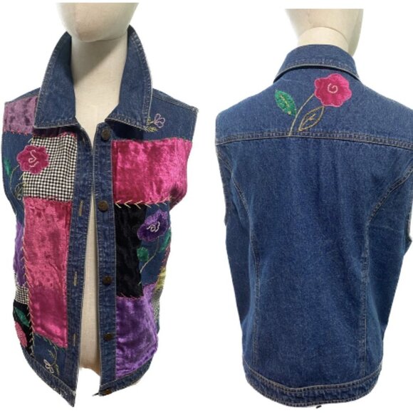 90S BOHEMIAM PATCHWORK EMBROIDERED DENIM VEST COWBOYCORE BY SUSAN BRISTOL EUC M - Picture 2 of 16